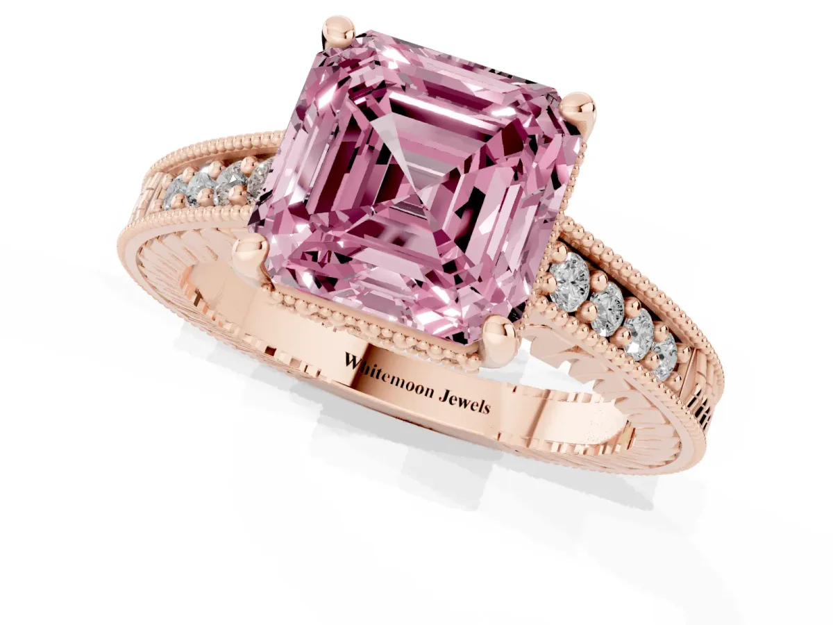 Fancy Pink Asscher Cut Solitaire Pavé Diamond Milgrain Engagement Ring with Four-Prong Setting Rose gold