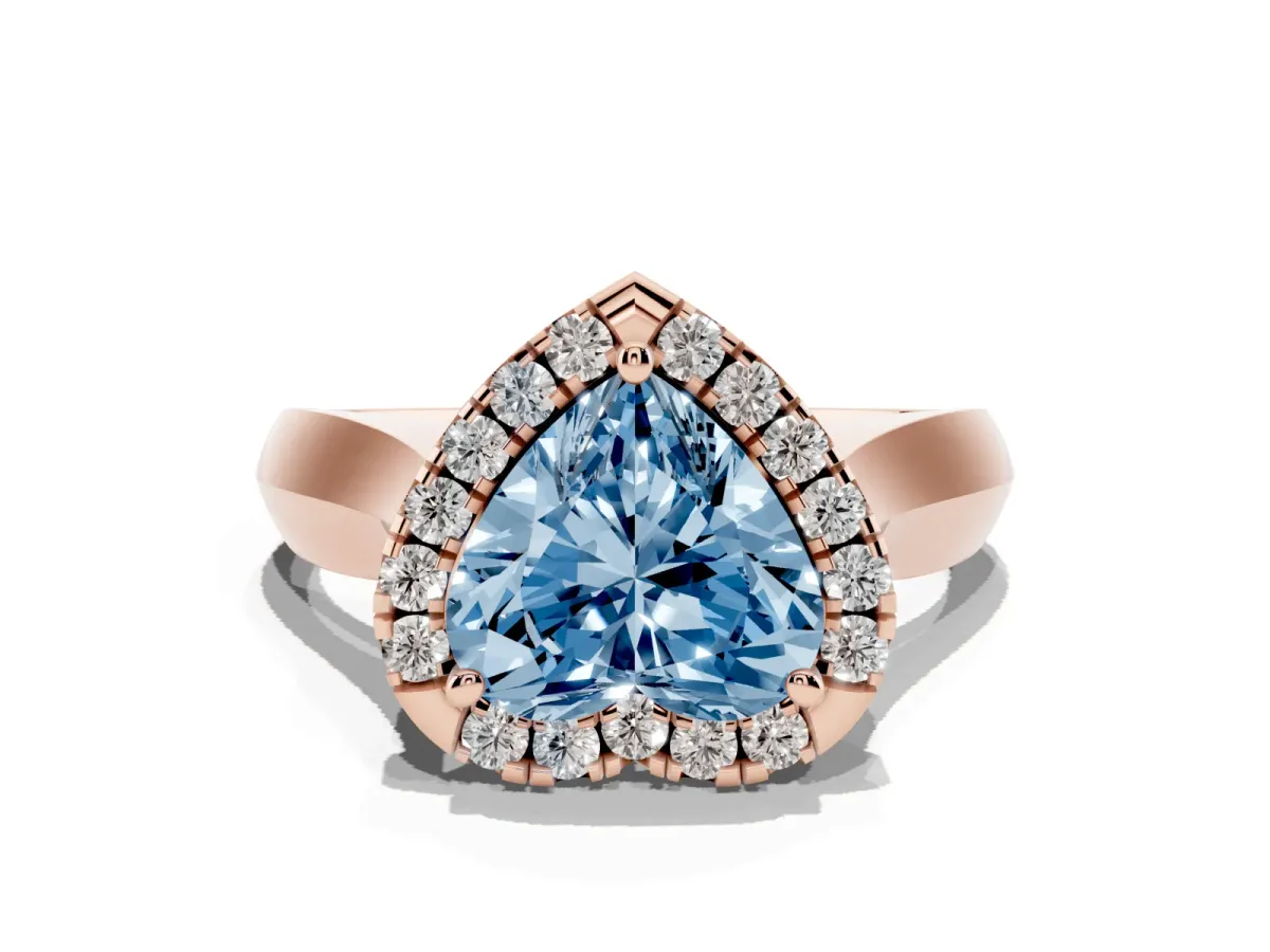 Fancy Blue Heart Cut Cut Halo Solitaire Engagement Ring with Square Band and Four-Prong Setting Rose gold