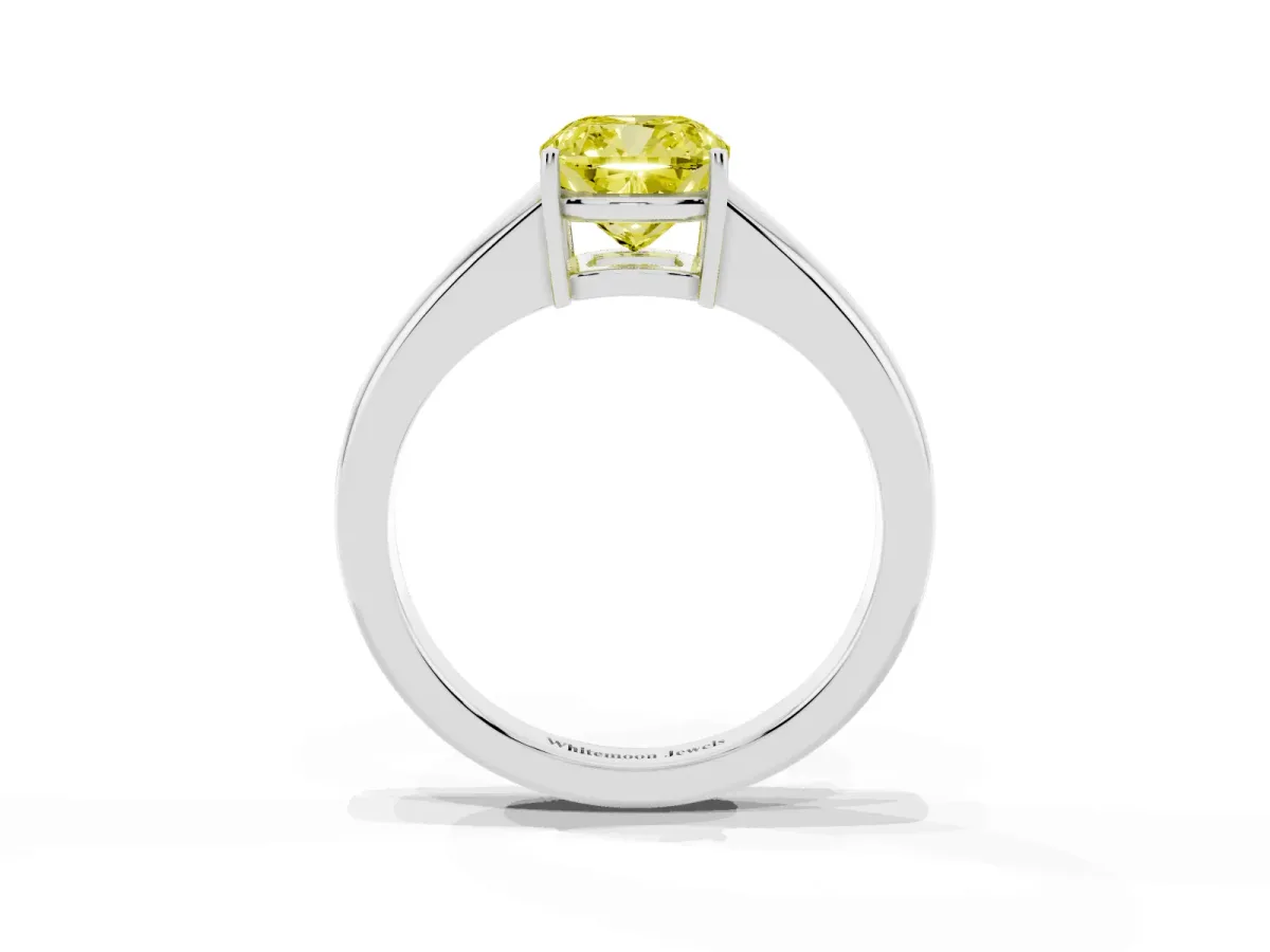 Fancy Yellow Cushion Cut Solitaire Diamond Ring with Tapered Band and Four-Prong Setting Silver
