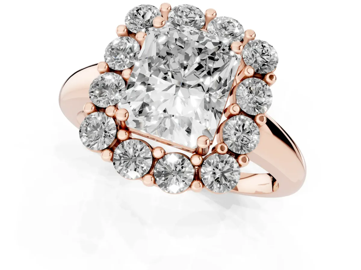 Radiant Cut Halo Cluster Diamond Engagement Ring with Prong Setting and Polished Band Rose gold