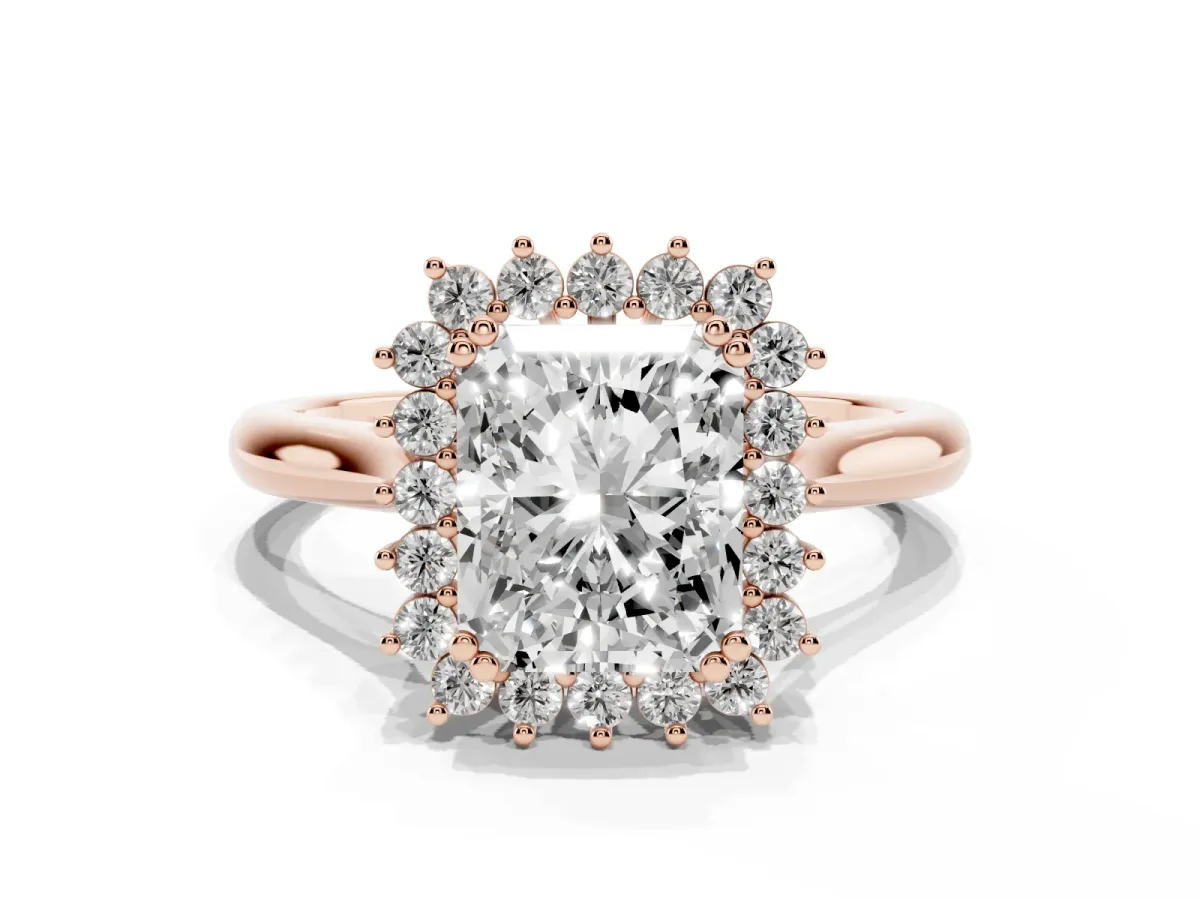 Radiant Cut Cut Diamond Halo Ring with Solitaire Band and Prong Setting Rose gold