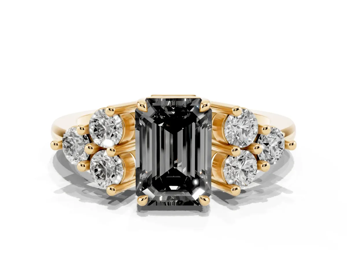 Fancy Black Emerald Cut Brilliant Diamond Cluster Accent Solitaire Ring with Prong Setting Yellow gold