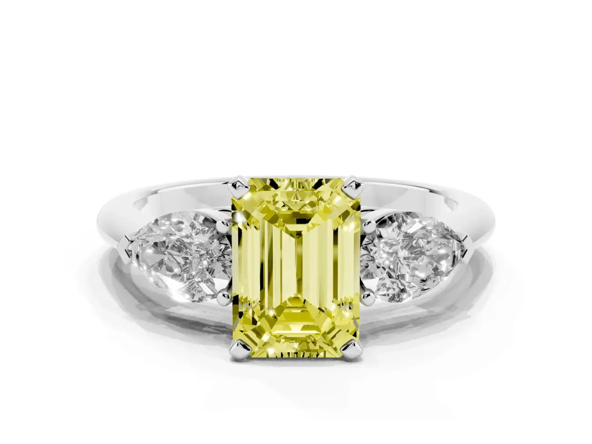 Fancy Yellow Three-Stone Emerald Cut Diamond Ring with Pear Side Stones and Four-Prong Setting Silver