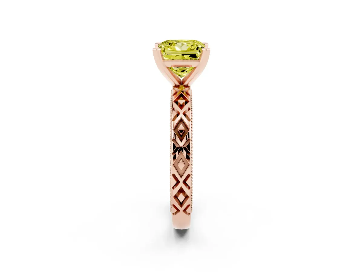 Fancy Yellow Princess Cut Solitaire Diamond Ring with Milgrain and Black Enamel X Pattern Band Rose gold