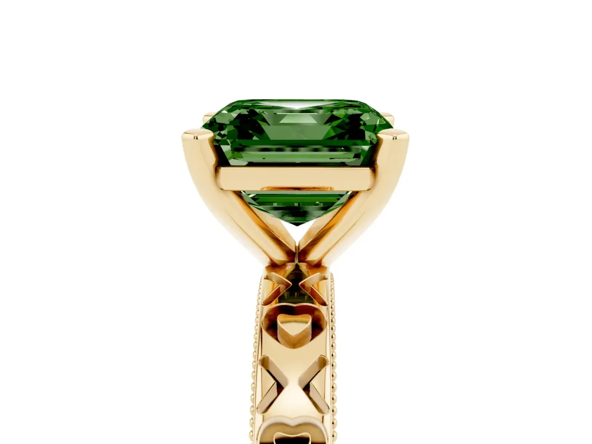 Fancy Green Asscher Cut Solitaire Diamond Engagement Ring with XO Engraved Band and Four-Prong Setting Yellow gold