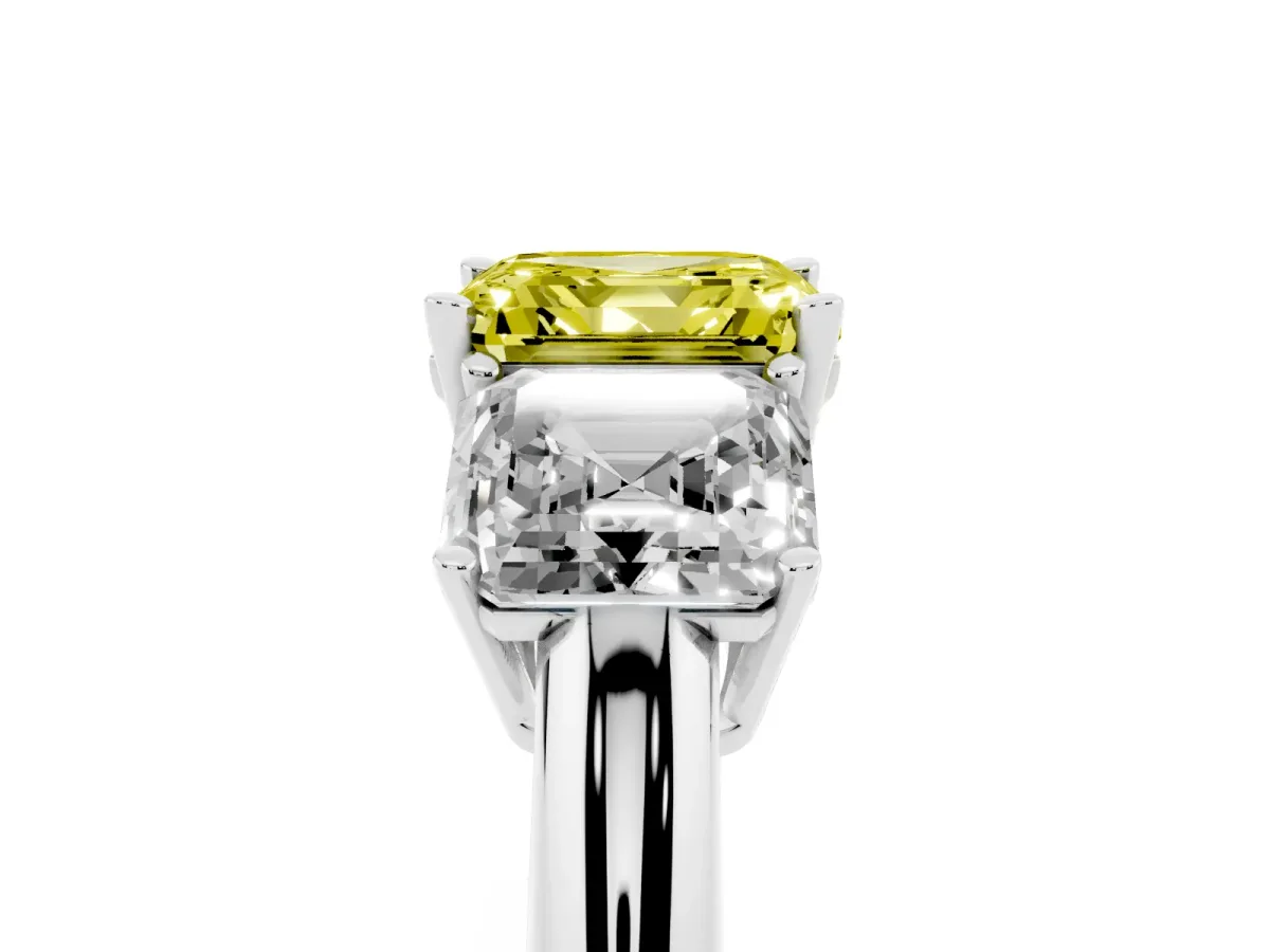 Fancy Yellow Three-Stone Asscher Cut Cut Diamond Engagement Ring with Prong Setting on a White Gold Band Silver