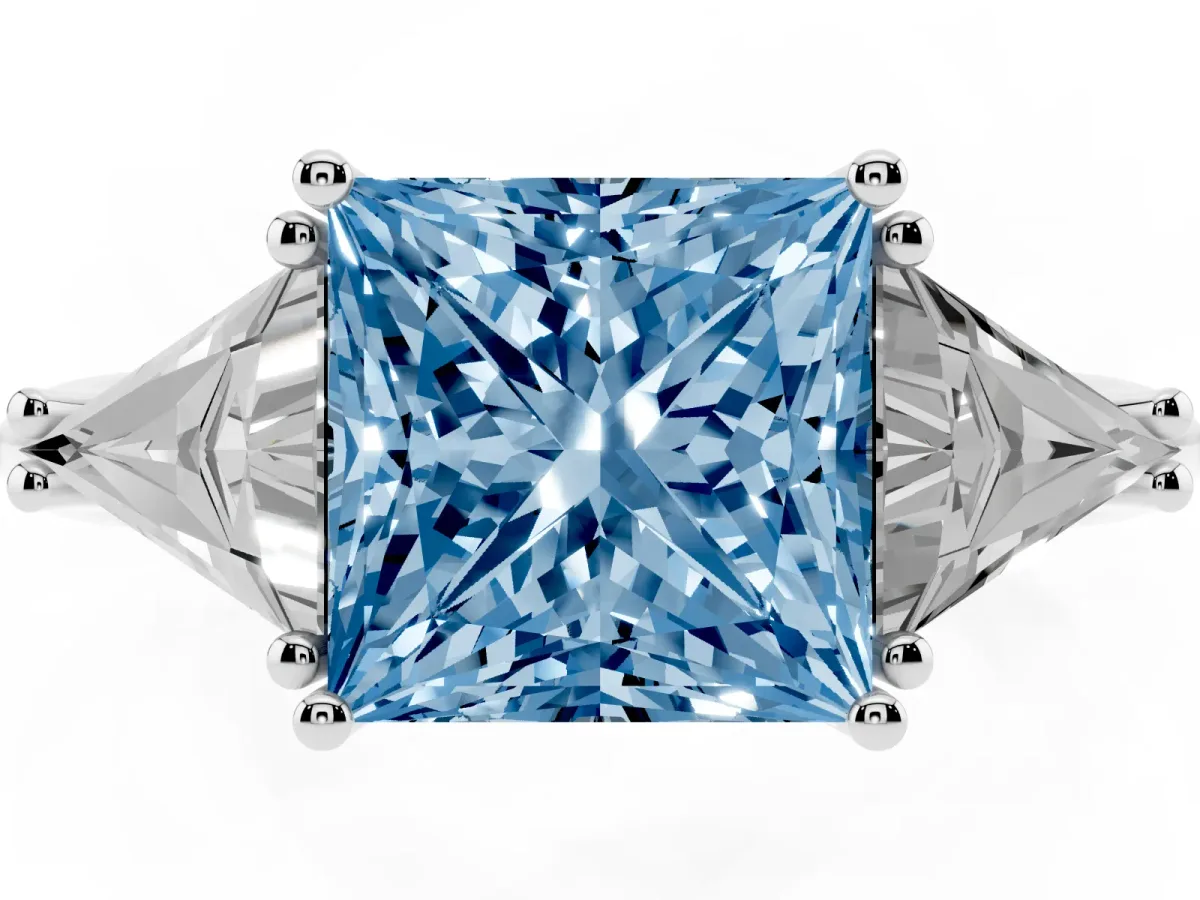 Fancy Blue Three-Stone Princess Cut Diamond Engagement Ring with Trillion Side Stones and Prong Setting Silver