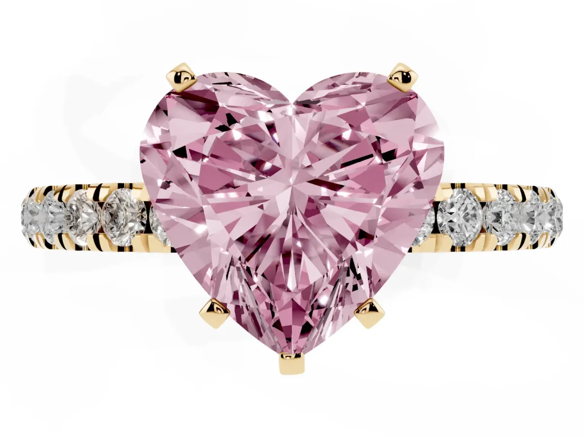 Fancy Pink Heart Cut Diamond Solitaire Ring with Pavé Accents and Four-Prong Setting Yellow gold