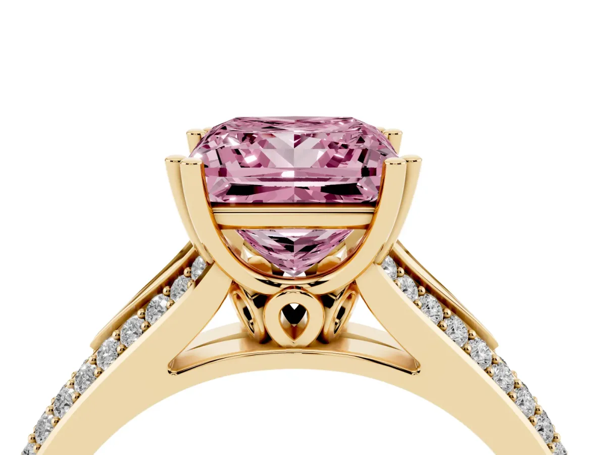 Fancy Pink Princess Cut Diamond Split Shank Engagement Ring with Pavé Band Yellow gold