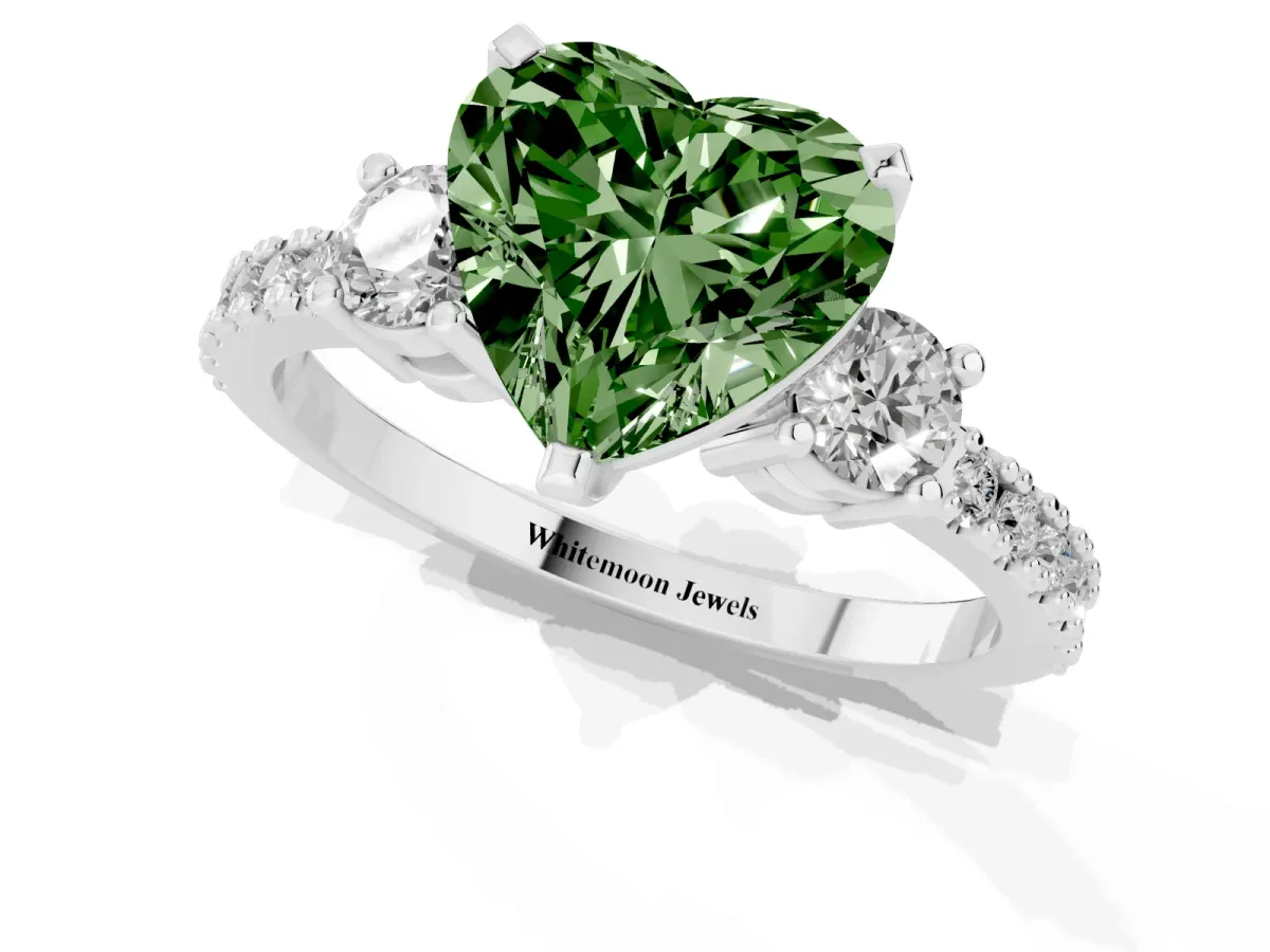 Fancy Green Heart Cut Three-Stone Diamond Pavé Band with Prong Setting Platinum