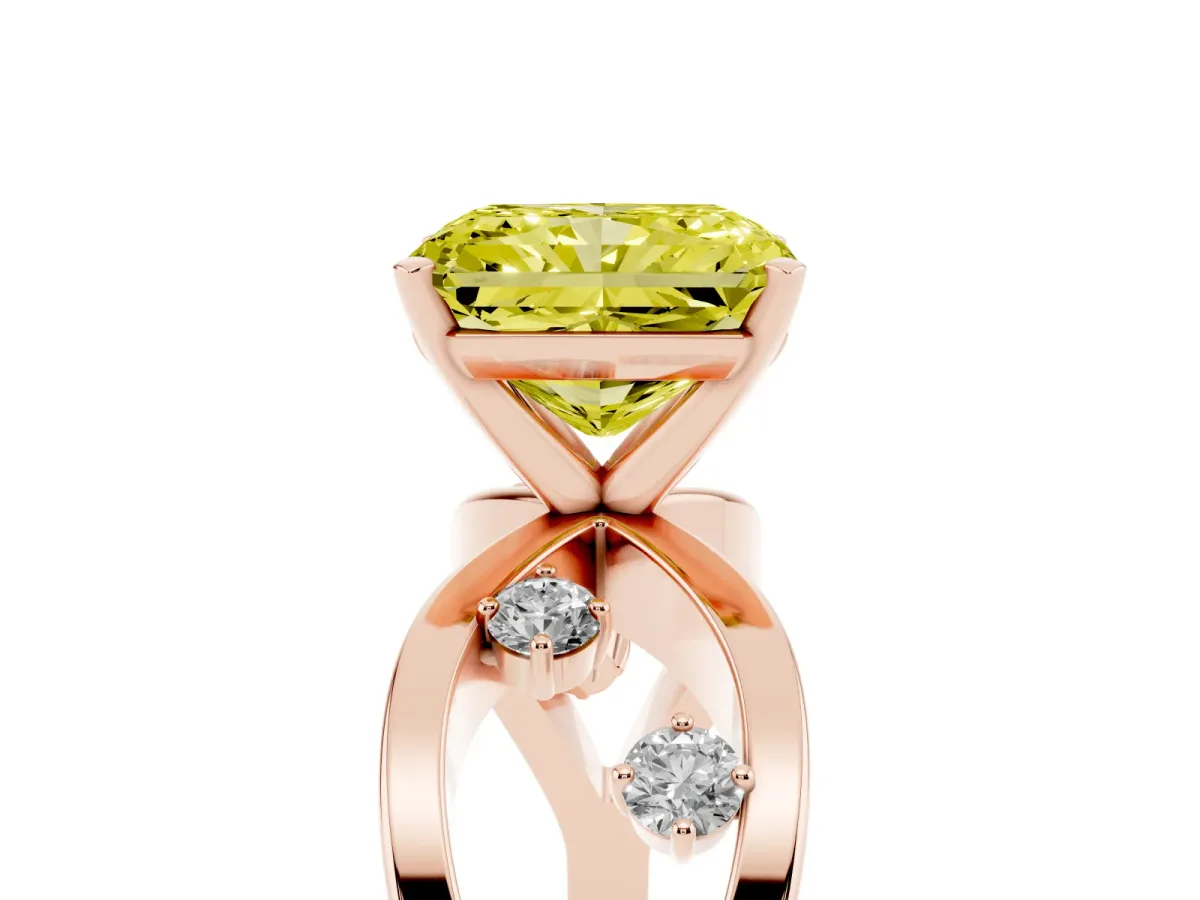 Fancy Yellow Radiant Cut Cut Solitaire Diamond with Side Stones on Criss-Cross Band and Four-Prong Setting Rose gold