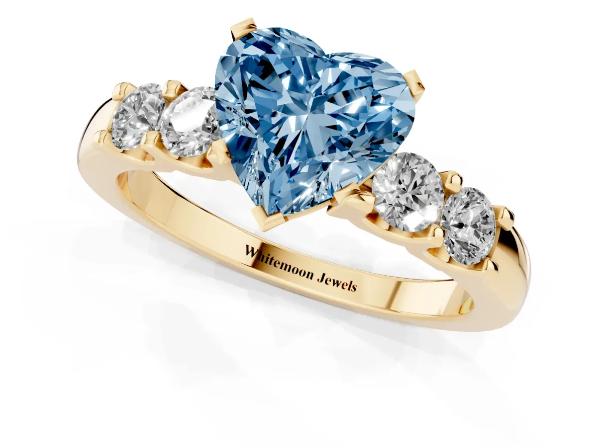 Fancy Blue Heart Cut Brilliant Cut Diamond Five-Stone Prong Set Engagement Ring with Channel Band Yellow gold
