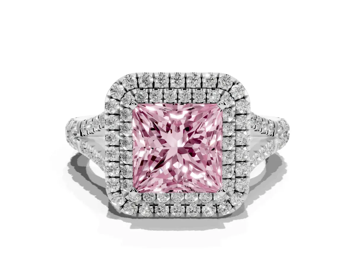 Fancy Pink Princess Cut Diamond Double Halo Ring with Split Shank and Prong Setting Platinum