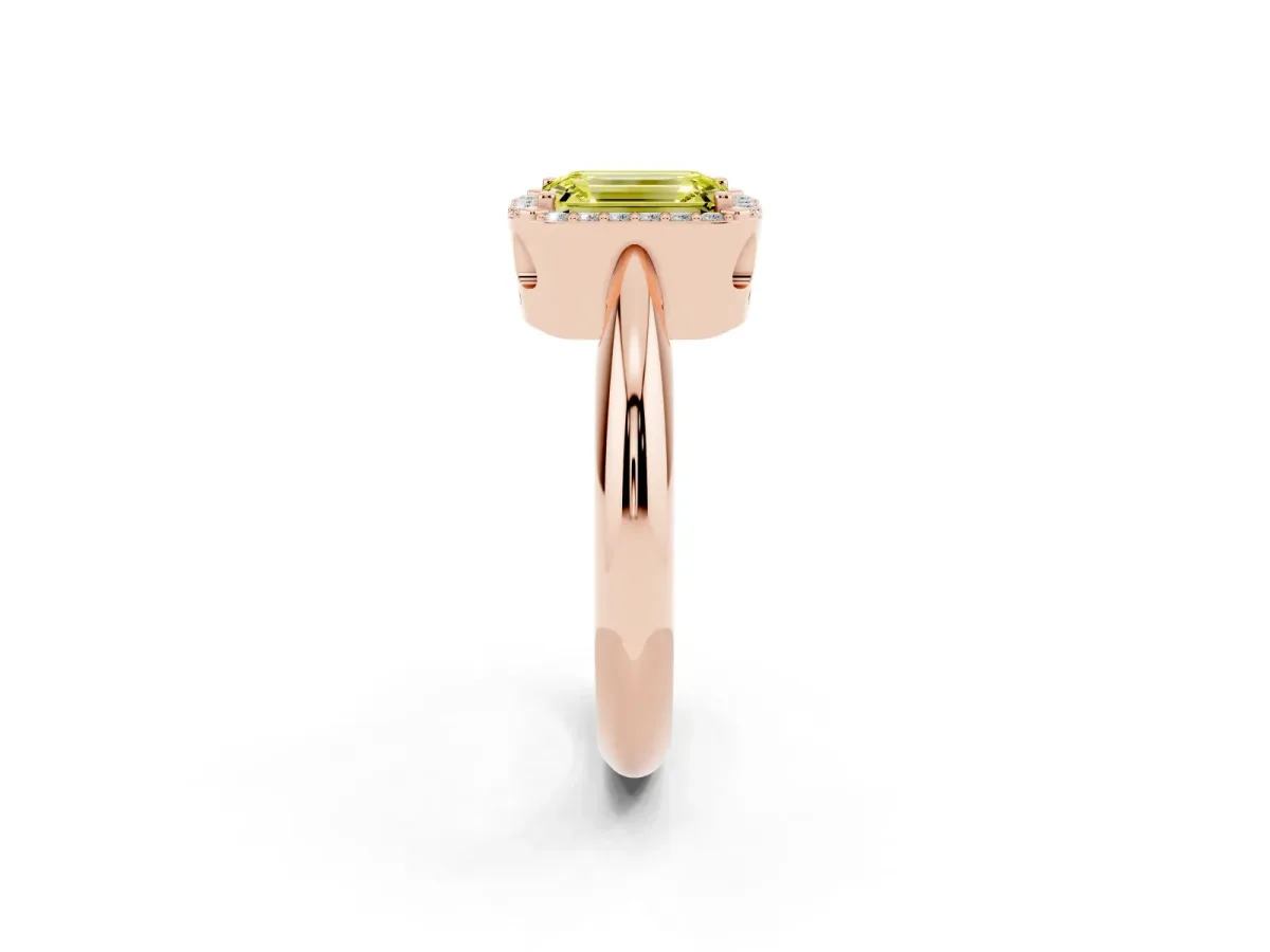 Fancy Yellow Emerald Cut Cut Diamond Halo Engagement Ring with Split Shank and Four-Prong Setting Rose gold