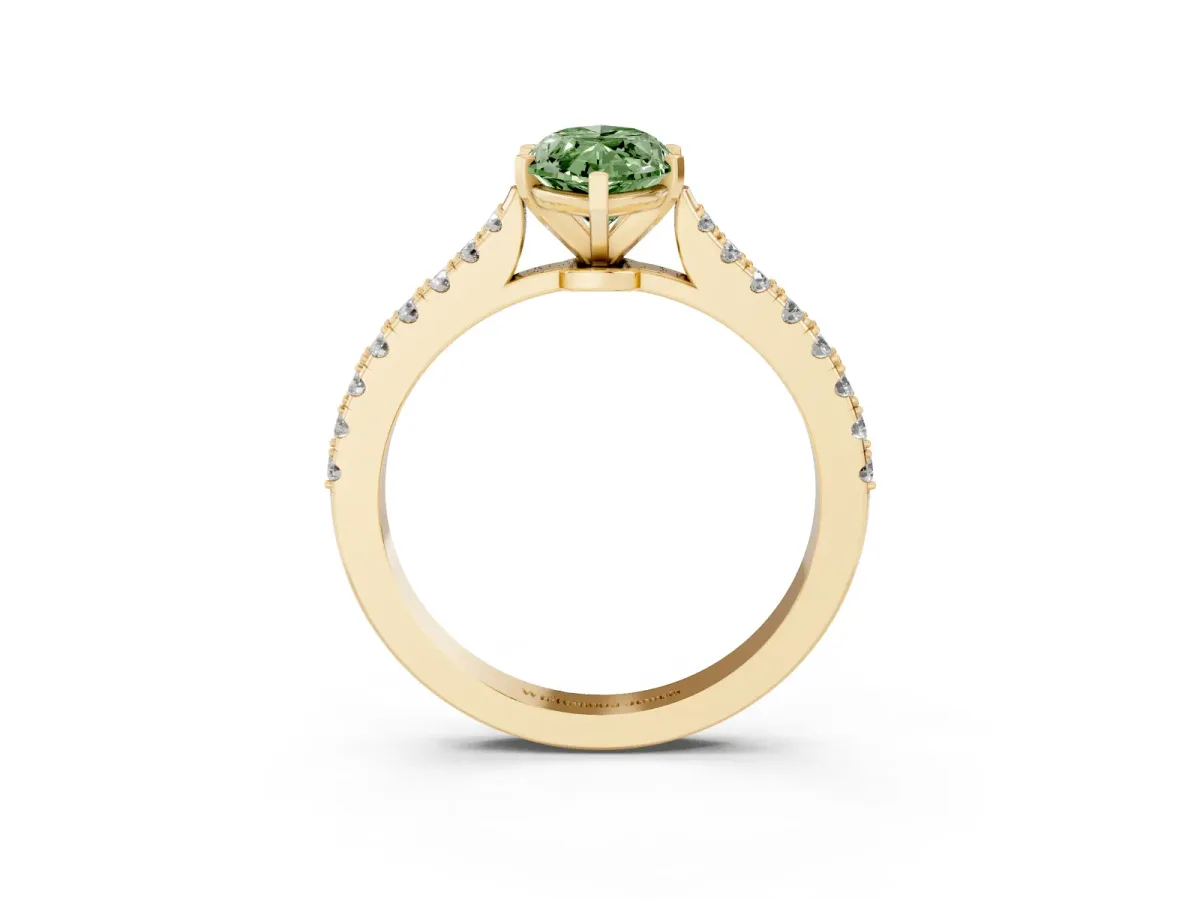 Fancy Green Marquise Cut Cut Solitaire Diamond Engagement Ring with Pave Band and Four-Prong Setting Yellow gold
