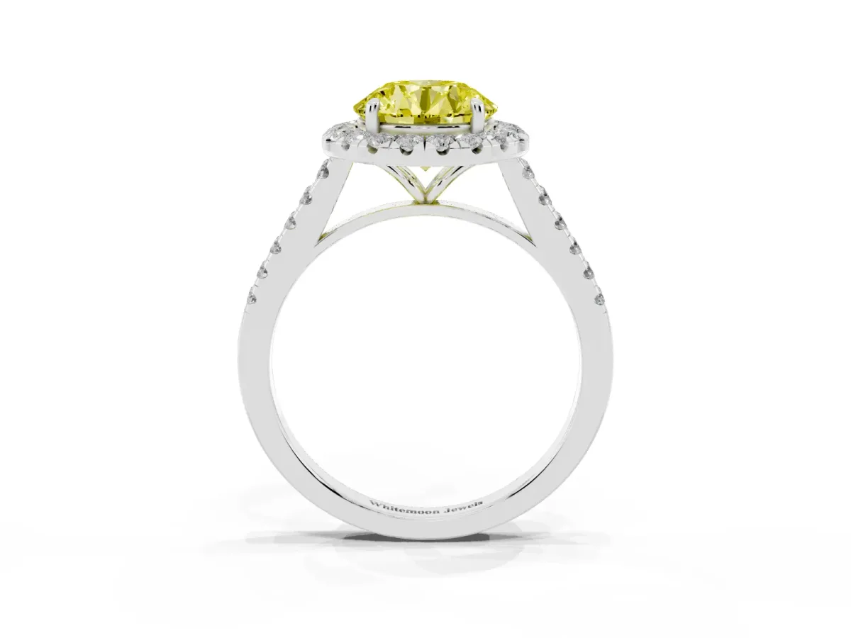 Fancy Yellow Round Cut Halo Pave Diamond Engagement Ring with Four-Prong Setting White gold
