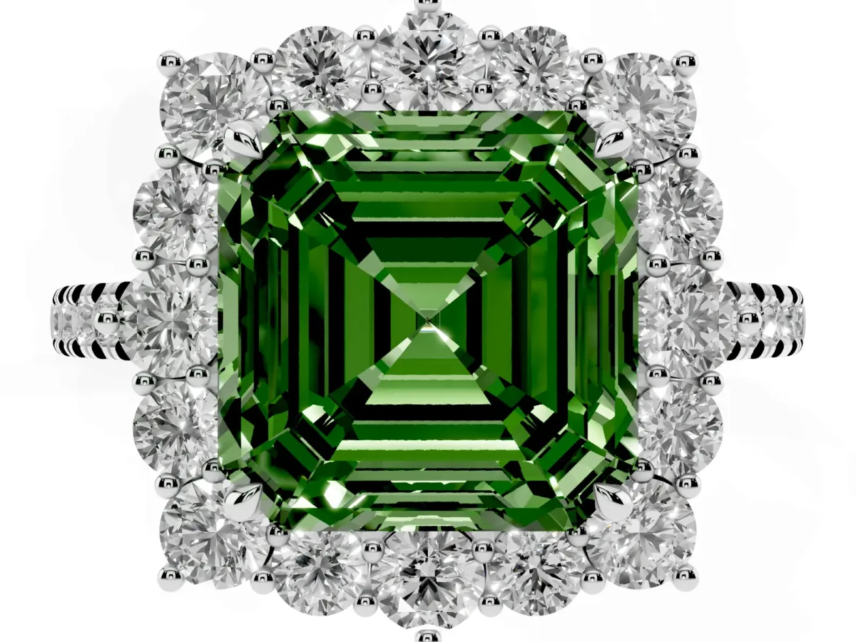 Fancy Green Asscher Cut Halo Diamond Ring with Pavé Band and Prong Setting Silver
