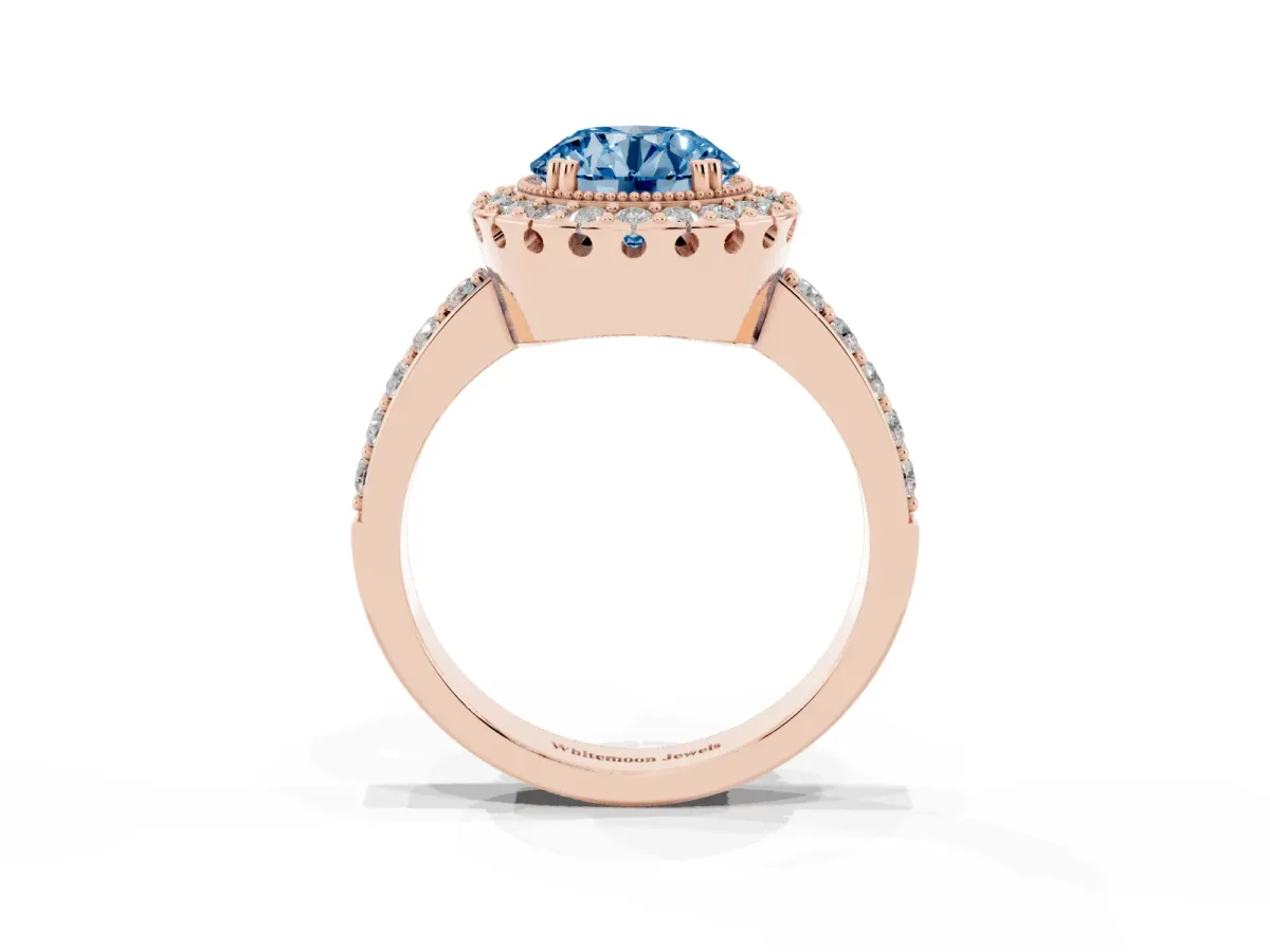 Fancy Blue Round Cut Diamond Halo Ring with Pavé Band and Prong Setting Rose gold