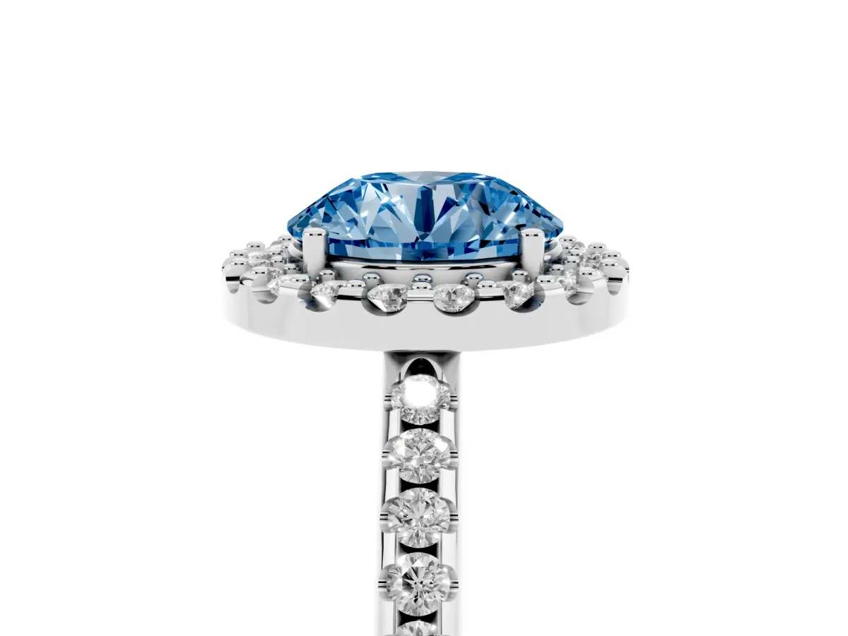 Fancy Blue Round Cut Diamond Pavé Halo Ring with Four-Prong Setting Platinum