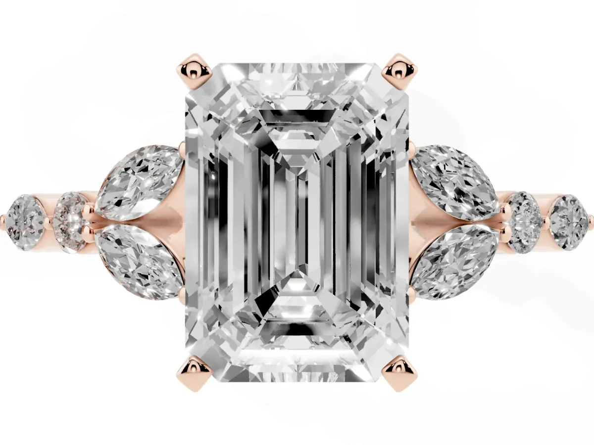 Emerald Cut Diamond Solitaire Ring with Side Stones and Four-Prong Setting Rose gold