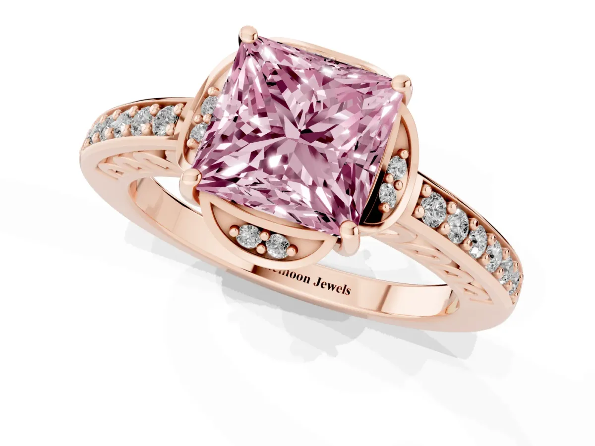 Fancy Pink Princess Cut Cut Halo Diamond Ring with Channel Set Band and Four-Prong Setting Rose gold