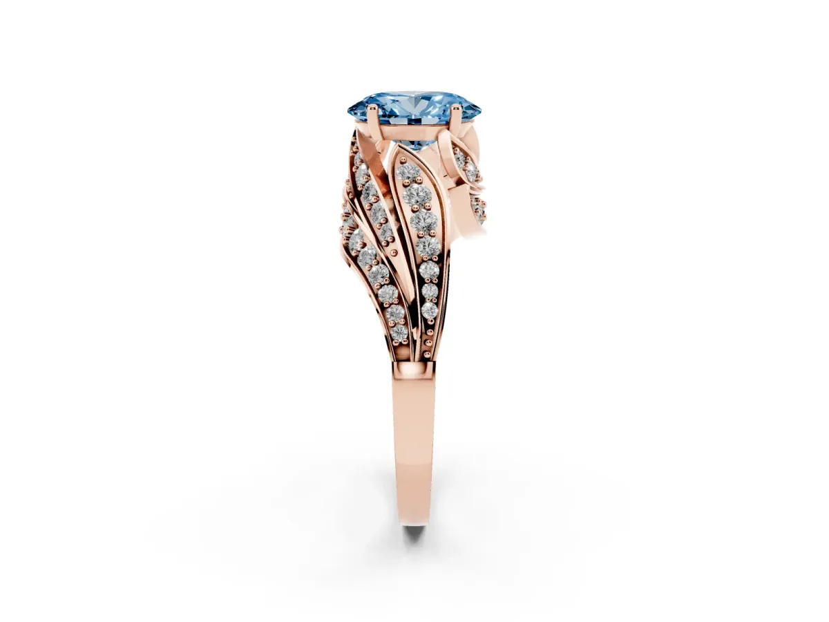 Fancy Blue Oval Cut Diamond Solitaire Ring with Prong Setting and Twisted Pavé Band Rose gold