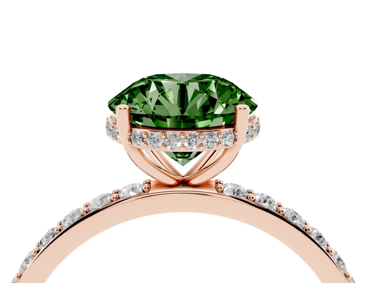 Fancy Green Round Cut Diamond Solitaire Ring with Pavé Band and Hidden Halo Rose gold