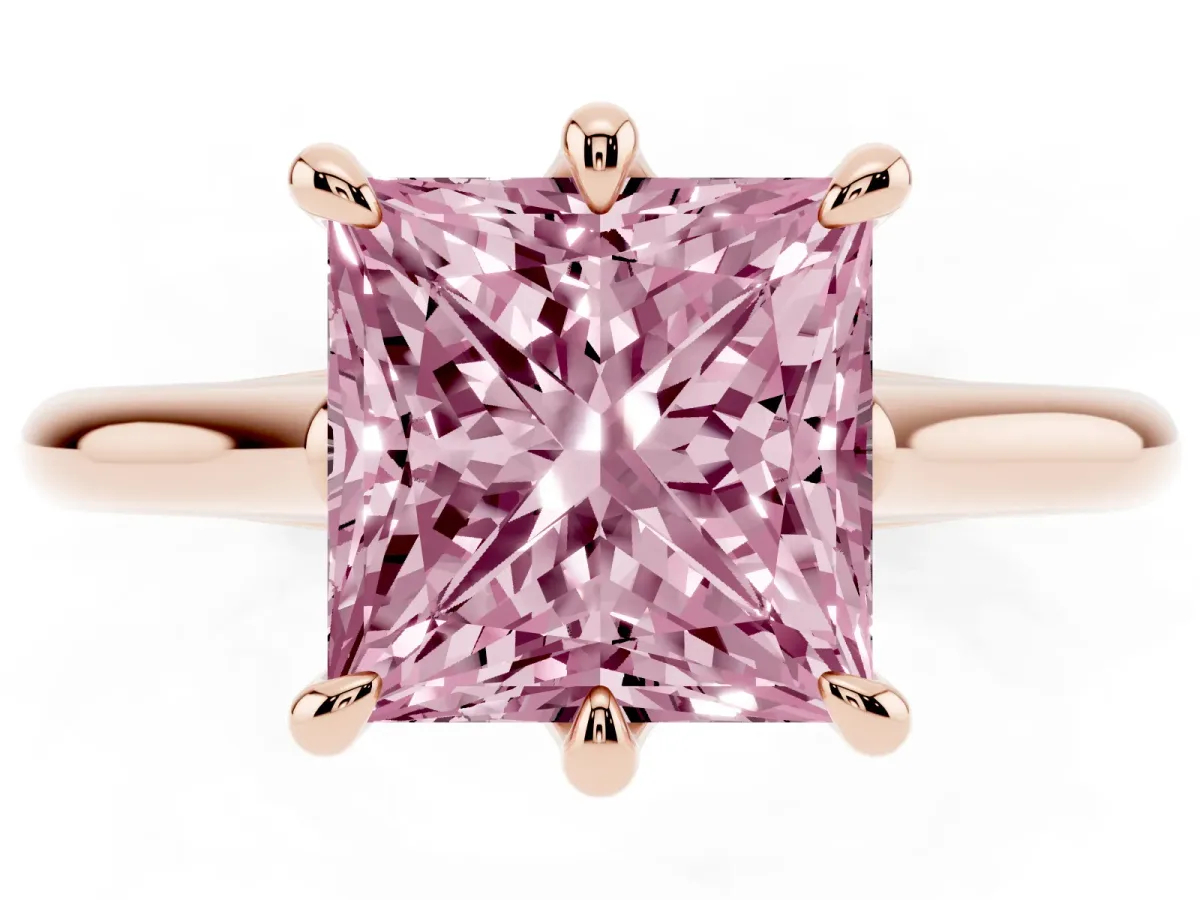 Fancy Pink Princess Cut Solitaire Engagement Ring with Six-Prong Setting and Classic Band Rose gold