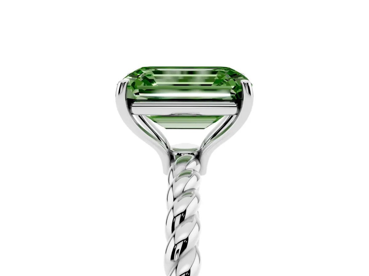 Fancy Green Emerald Cut Solitaire Twisted Band 4-Prong Ring Silver
