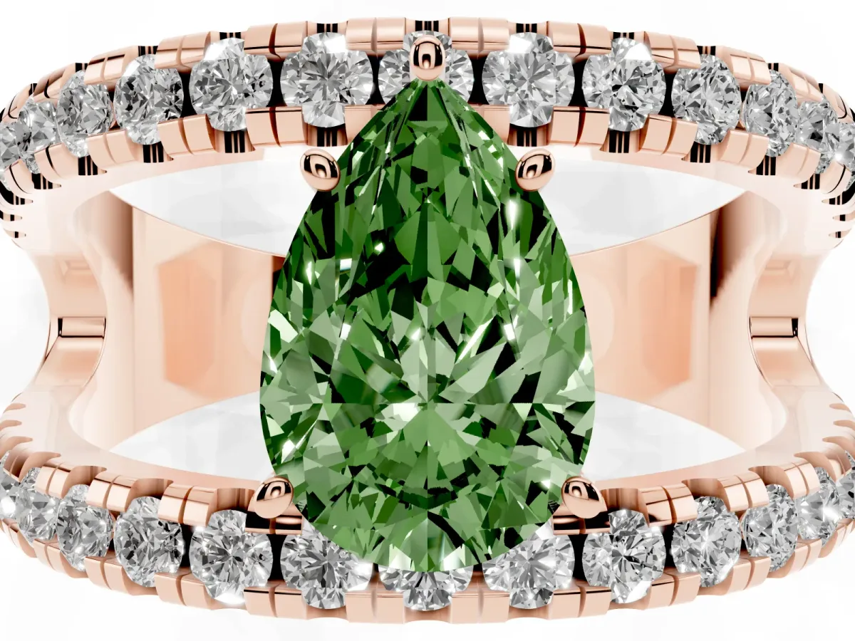 Fancy Green Pear Cut Solitaire Split Shank Pave Diamond Ring Rose gold