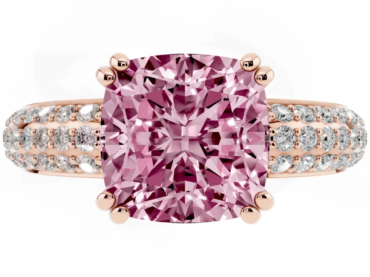 Fancy Pink Cushion Cut Diamond Solitaire Ring with Multi-Row Round Pavé Band and Prong Setting Rose gold