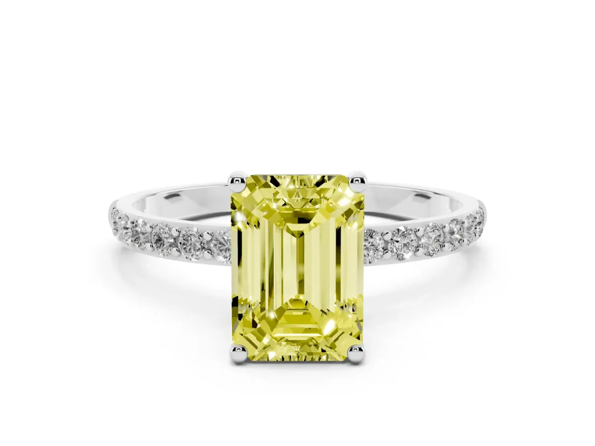 Fancy Yellow Emerald Cut Diamond Solitaire Ring with Round Pavé Shoulders and Prong Setting Platinum