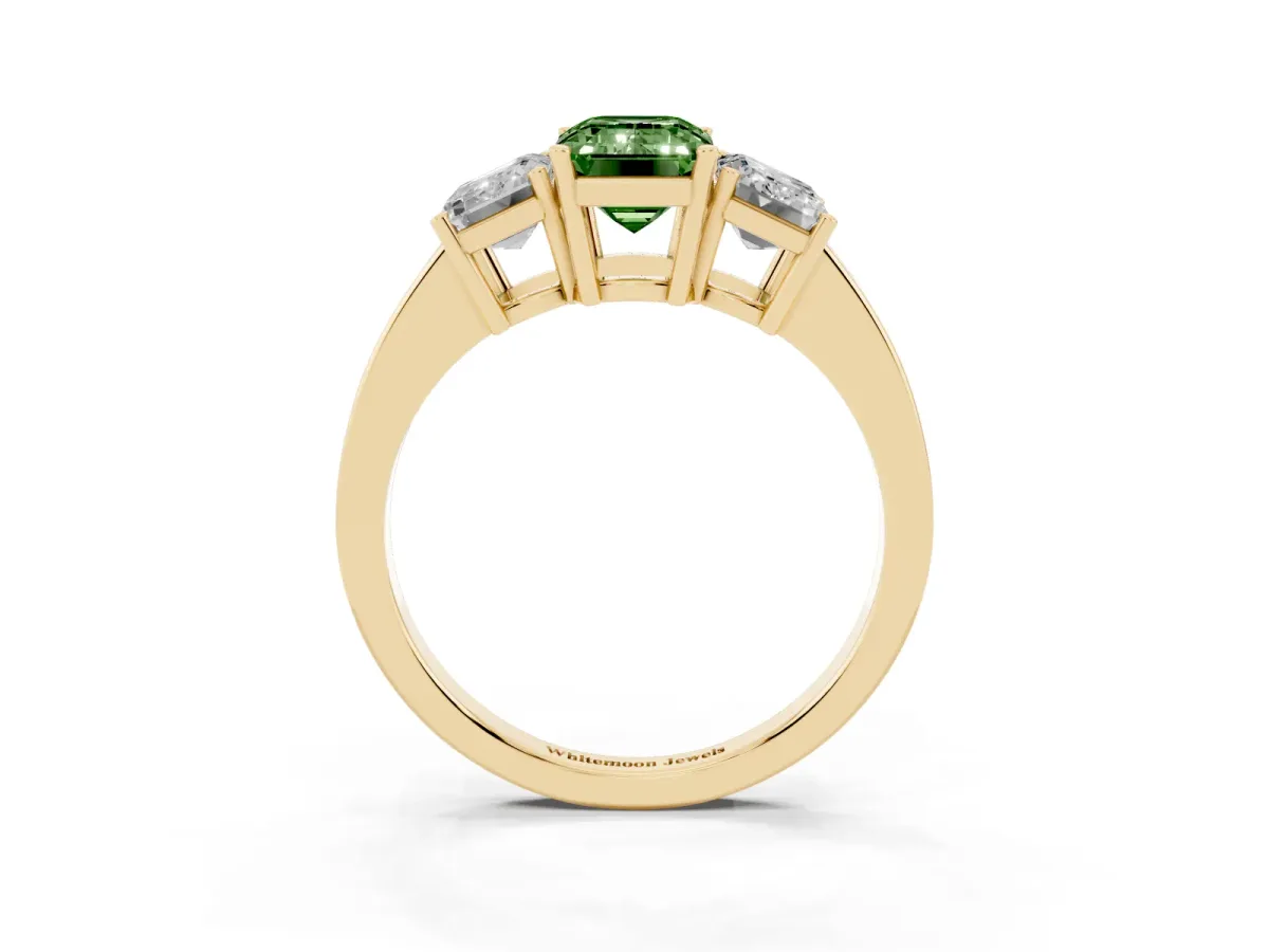 Fancy Green Three-Stone Emerald Cut Cut Diamond Engagement Ring with Flat Band and Four-Prong Setting Yellow gold
