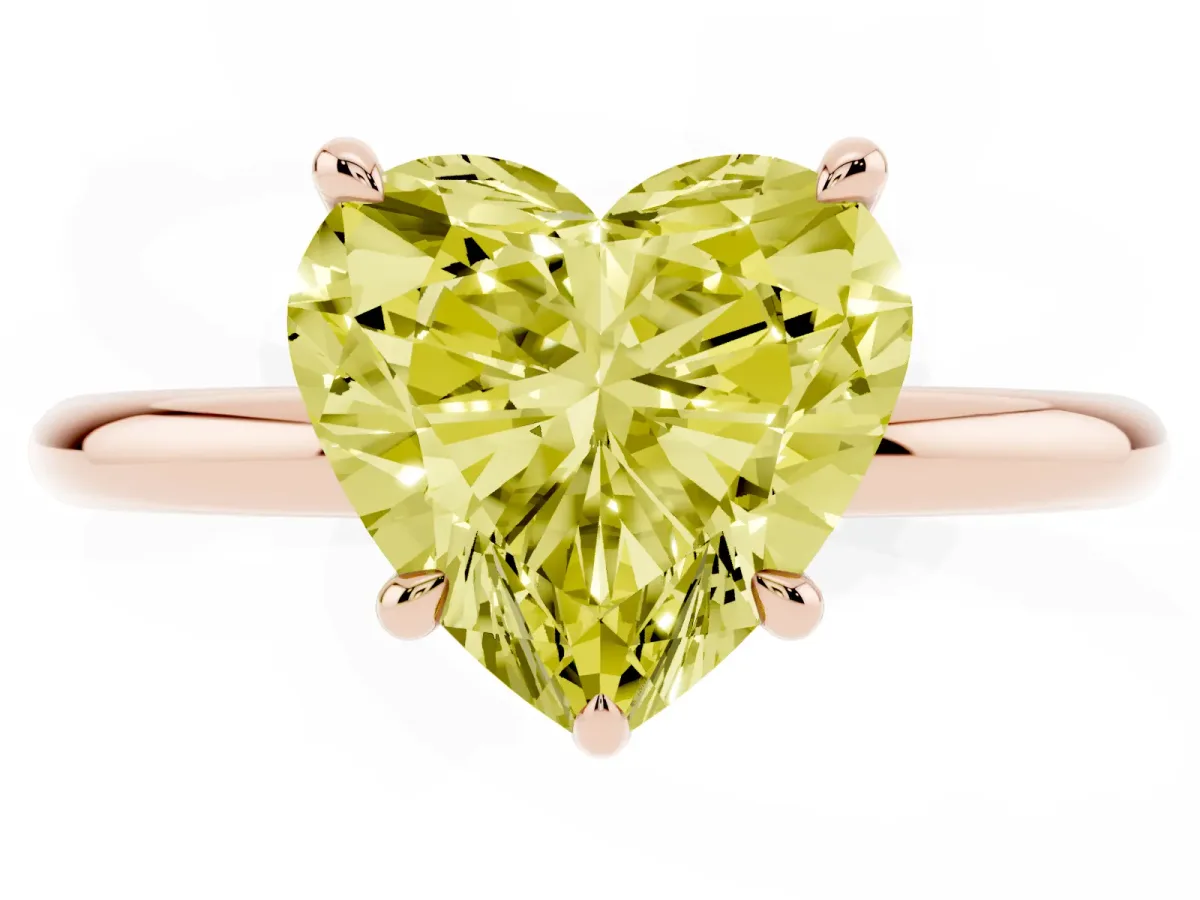 Fancy Yellow Heart Cut Diamond Solitaire Ring with Thin Band and Four-Prong Setting Rose gold