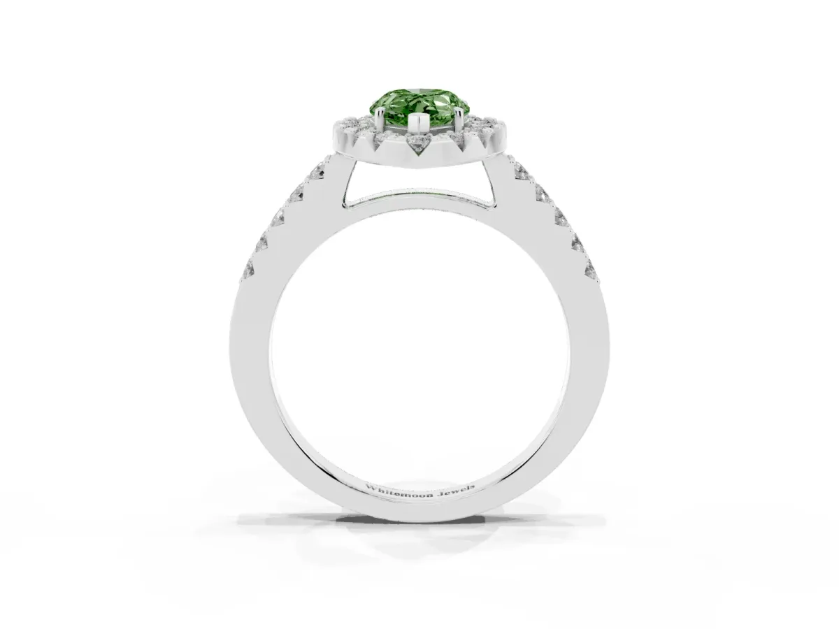 Fancy Green Pear Cut Halo Diamond Pavé Solitaire Ring White gold