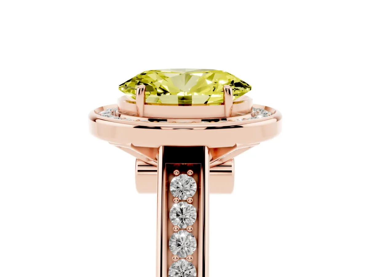 Fancy Yellow Oval Cut Halo Solitaire Diamond Ring with Pave Band and Bezel Setting Rose gold