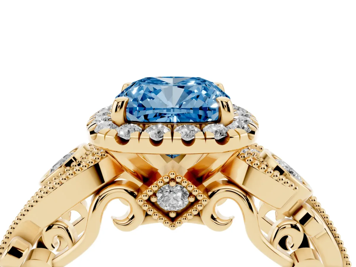 Fancy Blue Cushion Cut Diamond Halo Ring with Milgrain Pavé Band and Four-Prong Setting Yellow gold