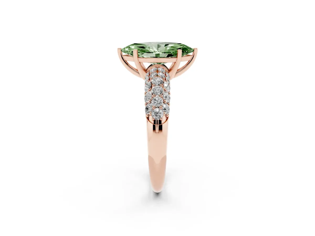 Fancy Green Marquise Cut Diamond Pavé Band Solitaire Ring with Four-Prong Setting Rose gold