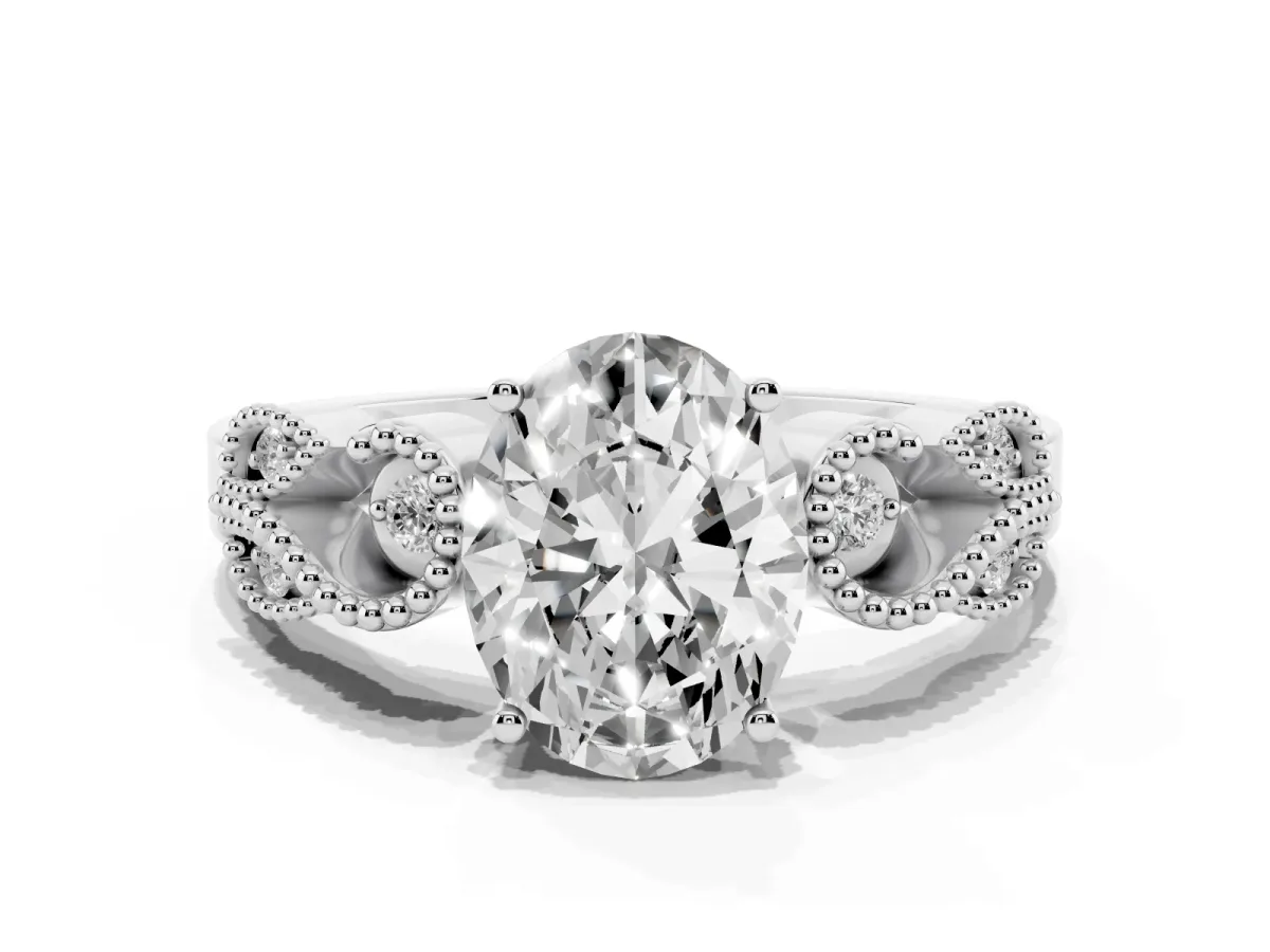 Oval Cut Solitaire Milgrain Leaf Band with Prong Setting Silver