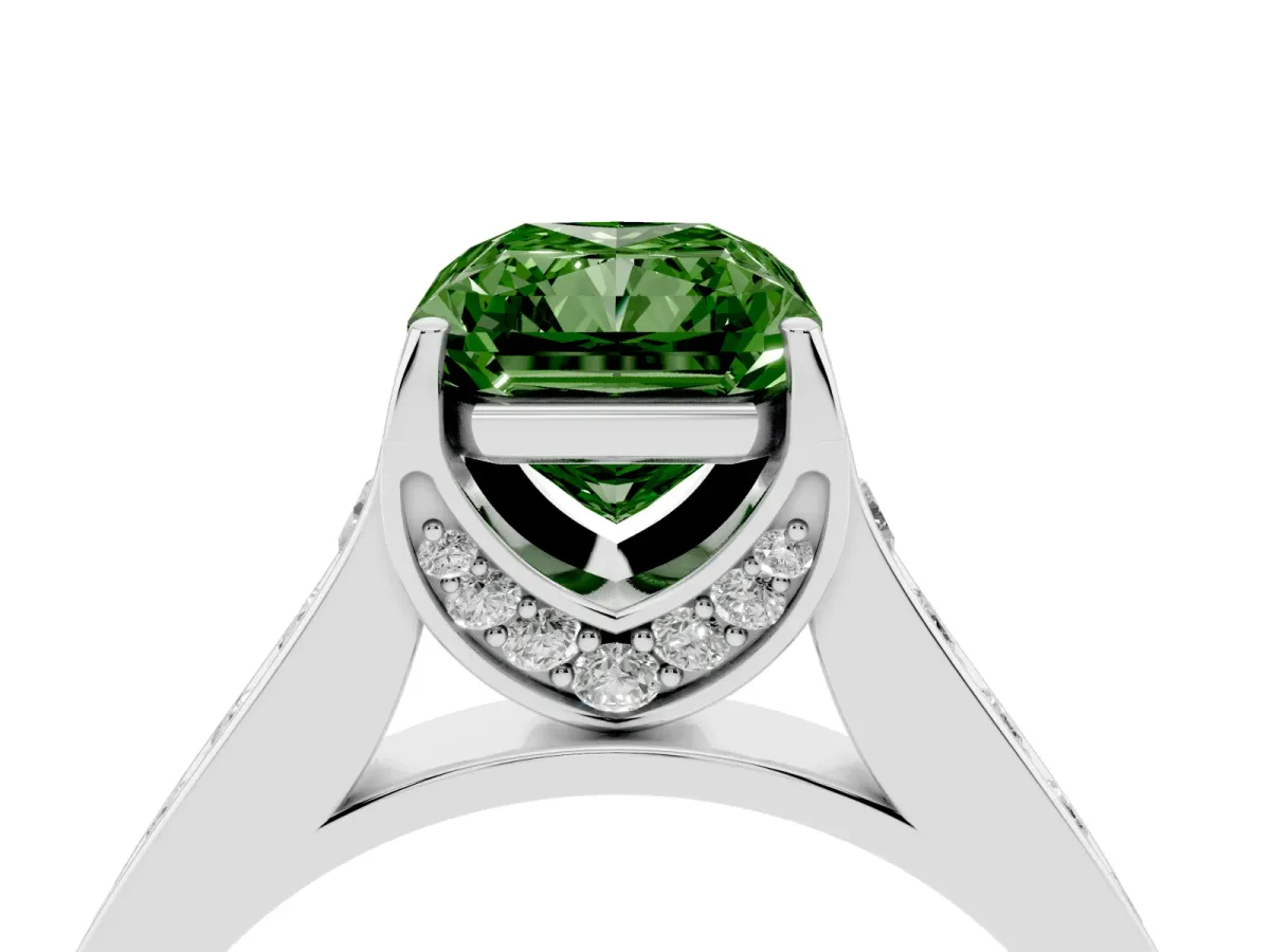 Fancy Green Radiant Cut Brilliant Cut Diamond Engagement Ring with Pavé Band and Four-Prong Setting Platinum