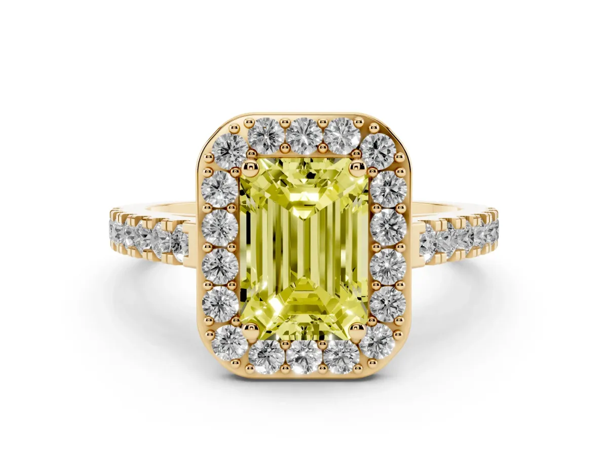 Fancy Yellow Emerald Cut Diamond Halo Ring with Round Pavé Split Shank and Prong Setting Yellow gold