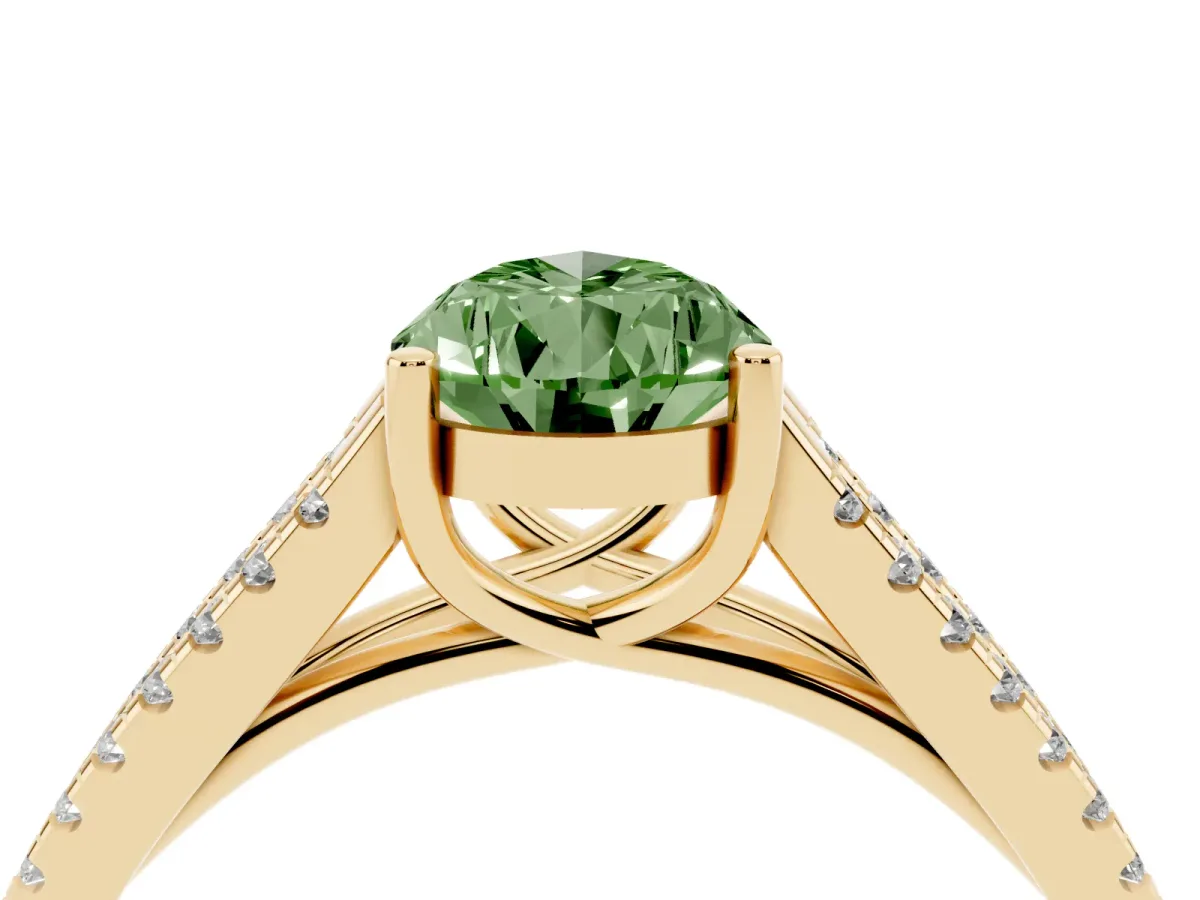Fancy Green Pear Cut Diamond Solitaire Engagement Ring with Split Shank Pavé Band Yellow gold