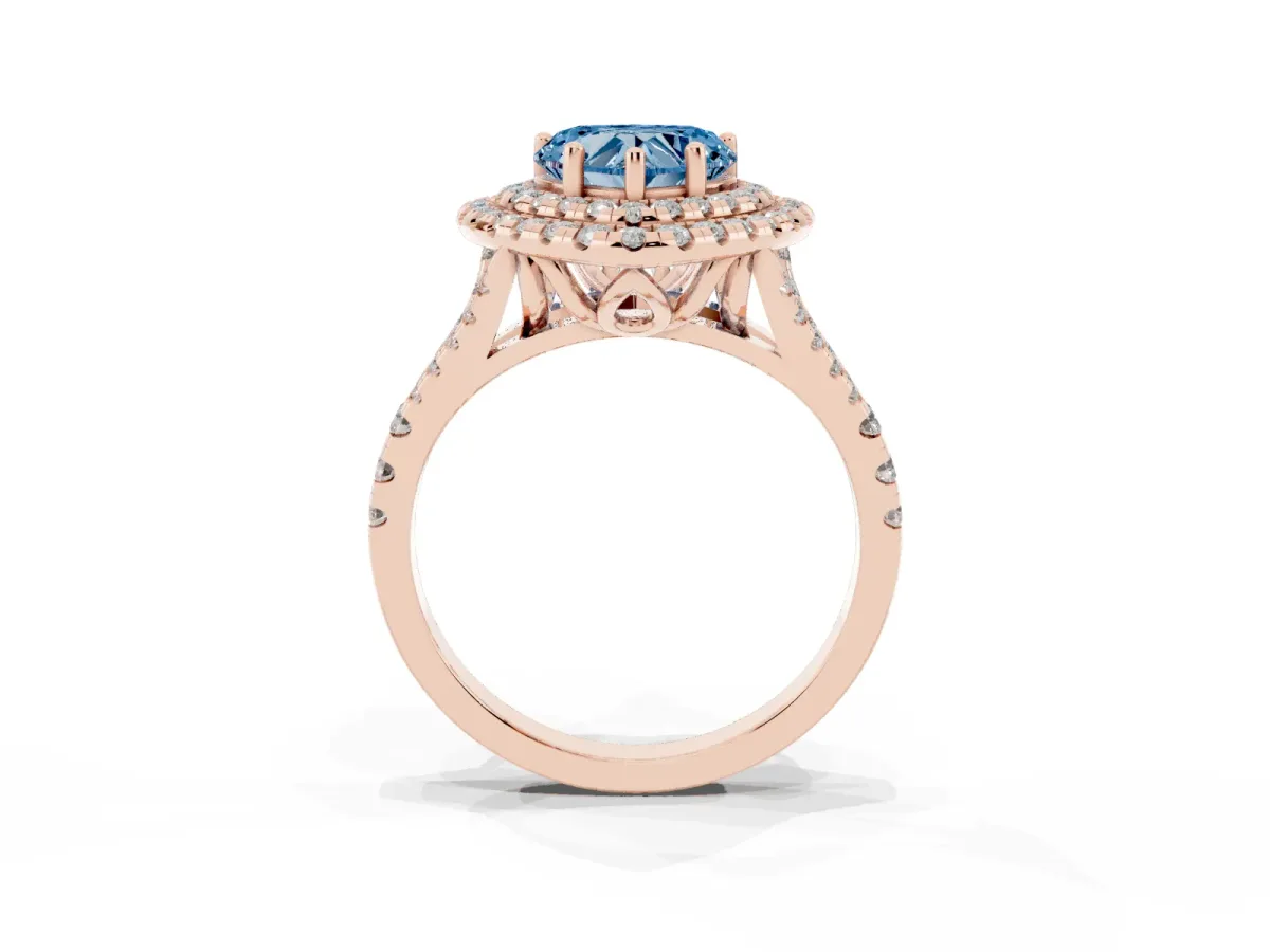 Fancy Blue Double Halo Heart Cut Diamond Pavé Split Shank Ring with Prong Setting Rose gold