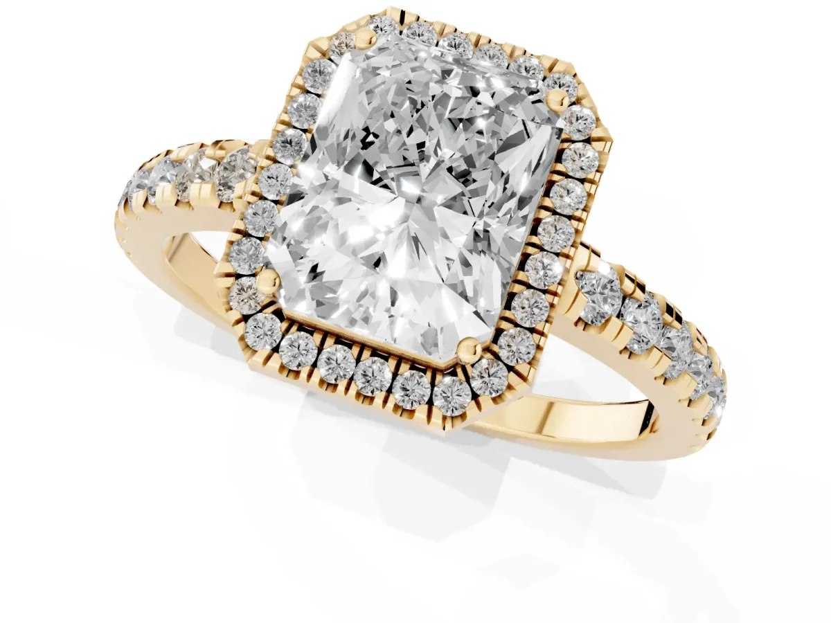 Radiant Cut Diamond Halo Ring with Pavé Band and Four-Prong Setting Yellow gold