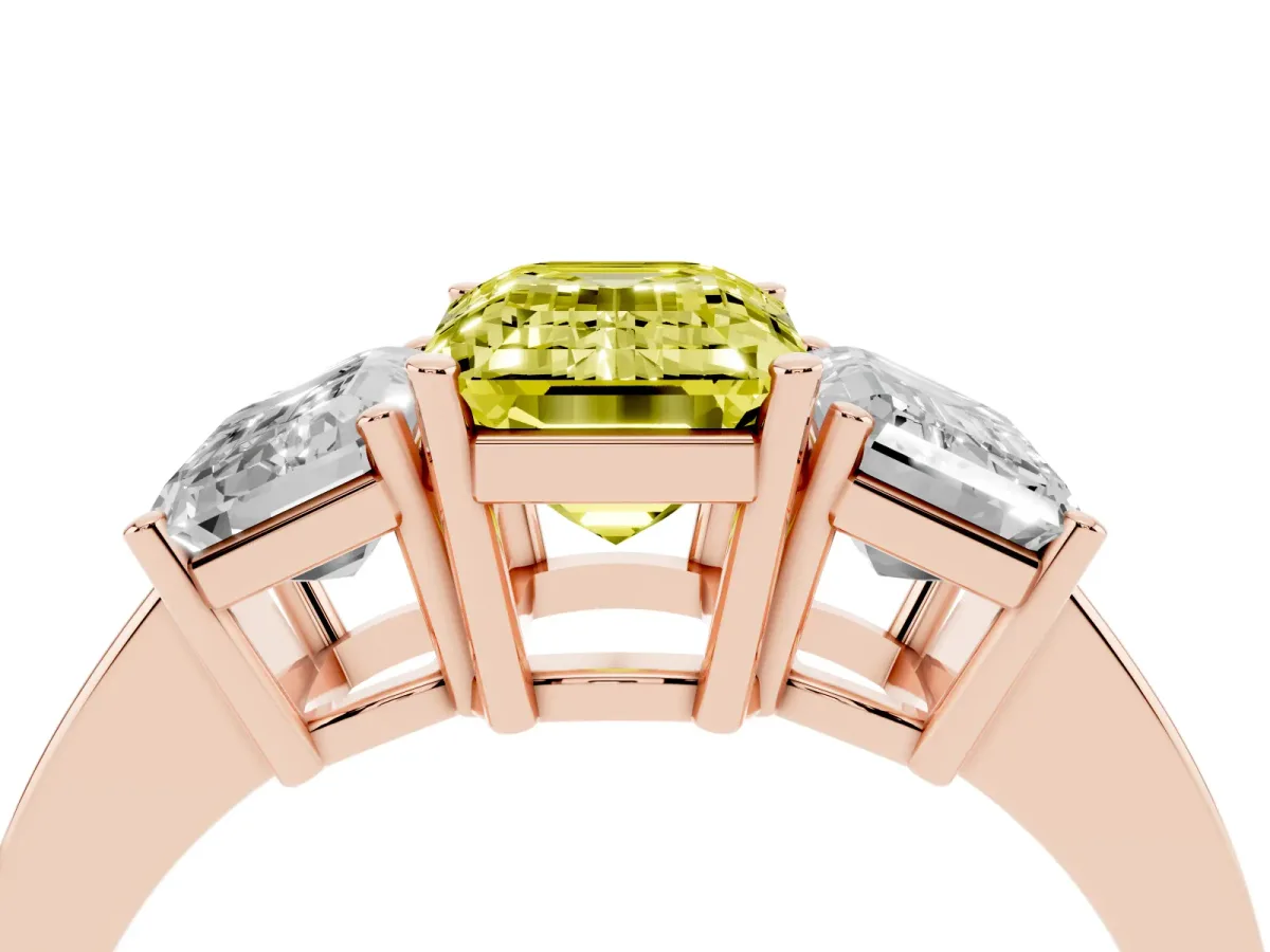 Fancy Yellow Three-Stone Emerald Cut Cut Diamond Engagement Ring with Flat Band and Four-Prong Setting Rose gold