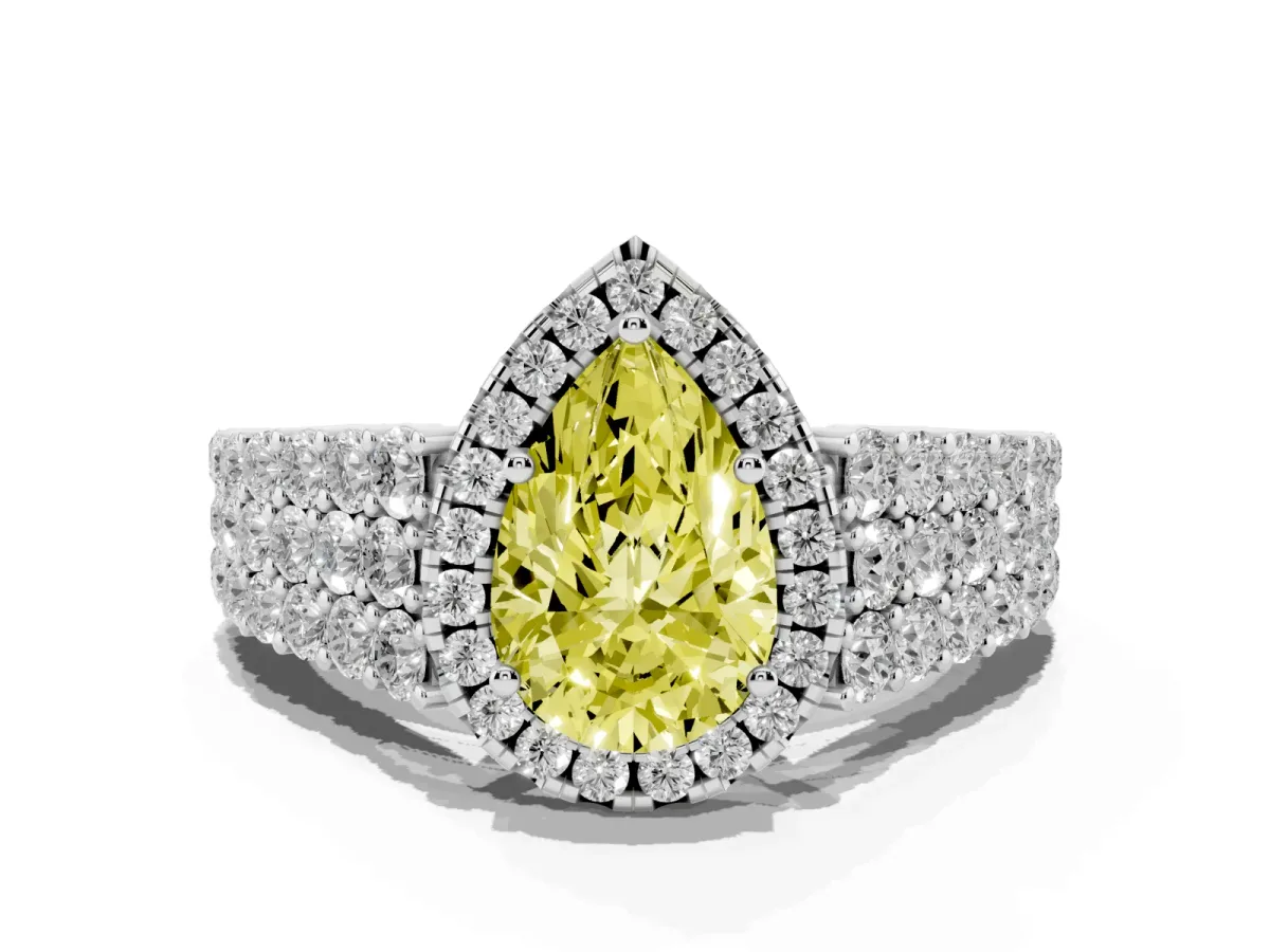 Fancy Yellow Pear Cut Diamond Halo Engagement Ring with Triple Row Round Pavé Band and Prong Setting Silver