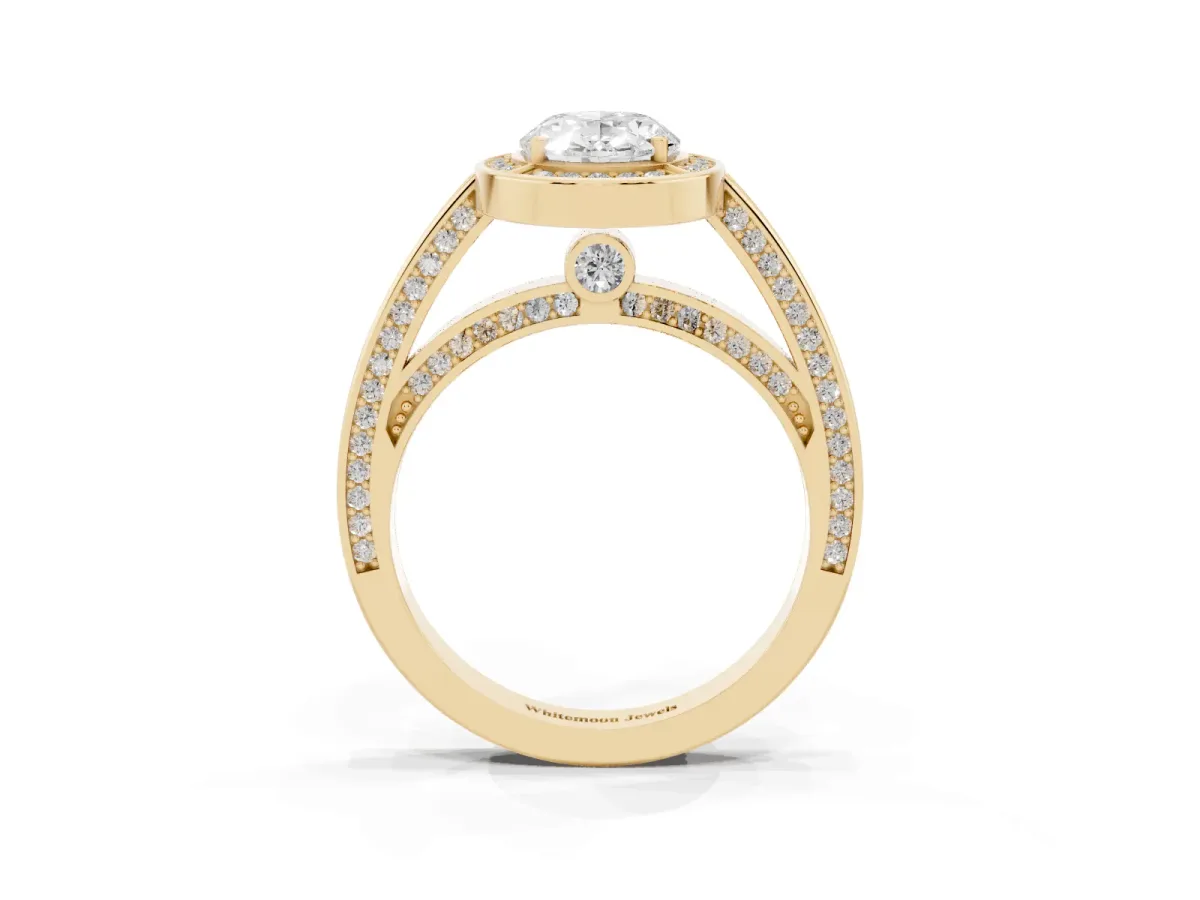 Oval Cut Cut Halo Pave Split Shank Prong Setting Ring Yellow gold