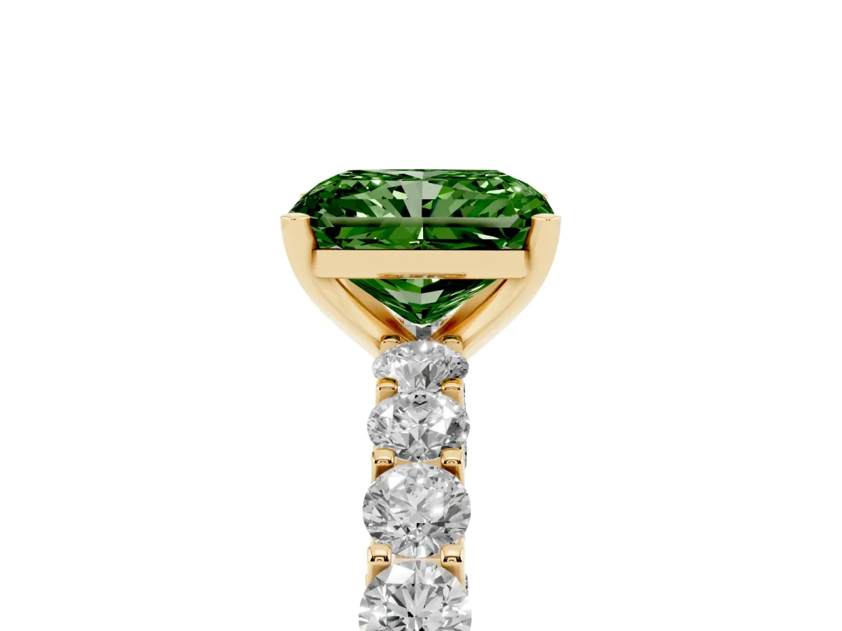 Fancy Green Radiant Cut Diamond Solitaire Ring with Shared Prong Pavé Band and Four-Prong Setting Yellow gold