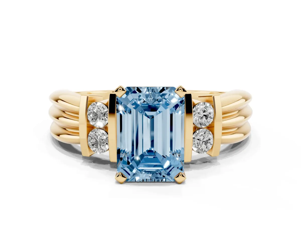 Fancy Blue Emerald Cut Cut Three-Stone Channel Set Ring with Bar Prongs Yellow gold