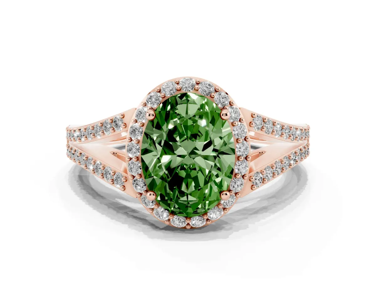 Fancy Green Oval Cut Halo Split Shank Pave Diamond Ring with Four-Prong Setting Rose gold